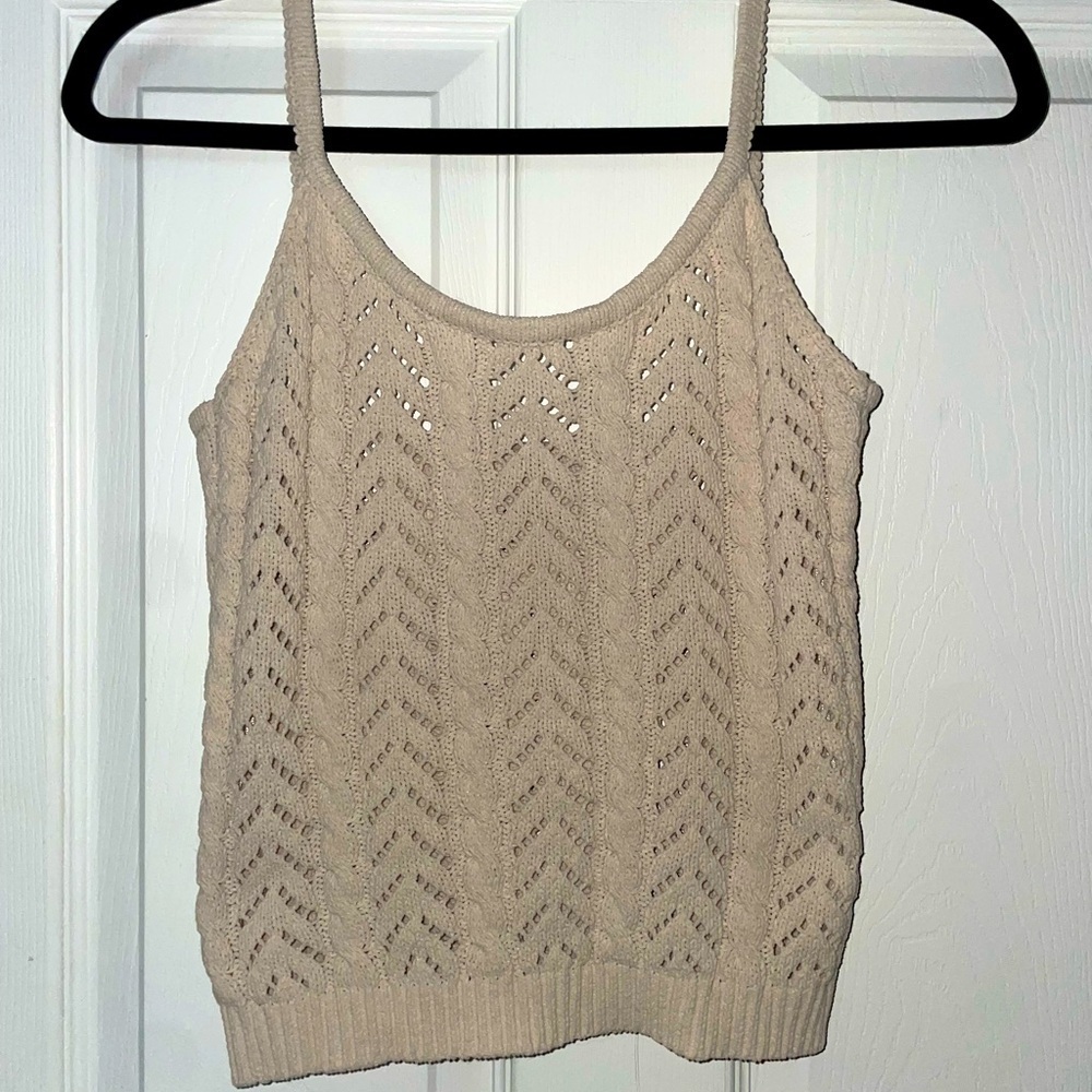 Women's Beige Crochet Knit Sleeveless Tank Top Medium